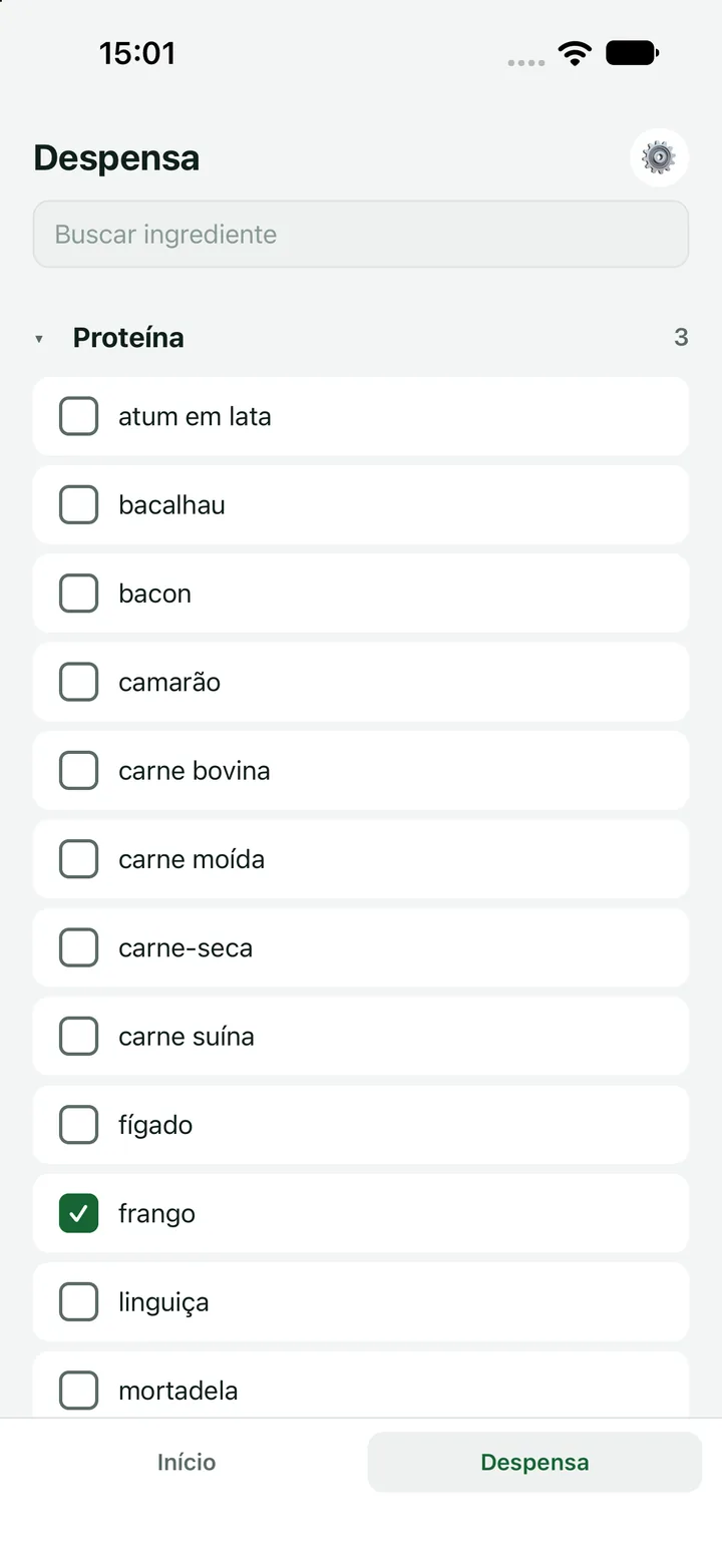 A aba Despensa do Tem na Geladeira, com os ingredientes por categoria e a busca no topo