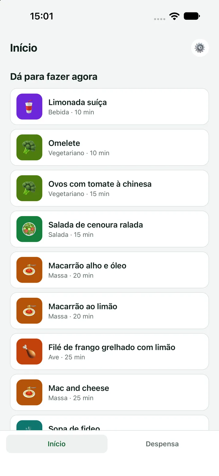 Tela inicial do Tem na Geladeira: a lista “Dá para fazer agora”, com as receitas possíveis com a despensa marcada