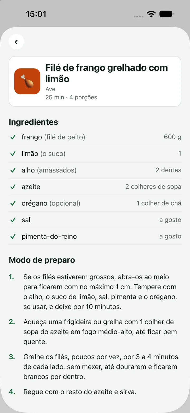 Uma receita no Tem na Geladeira, com os ingredientes conferidos e o modo de preparo