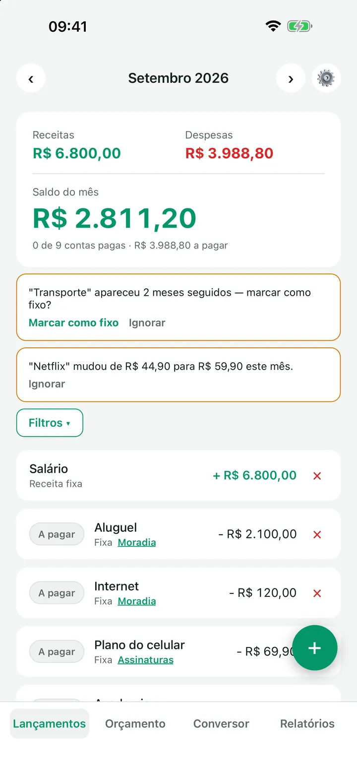 Tela de lançamentos do Organizador de Finanças, com receitas, despesas e saldo do mês