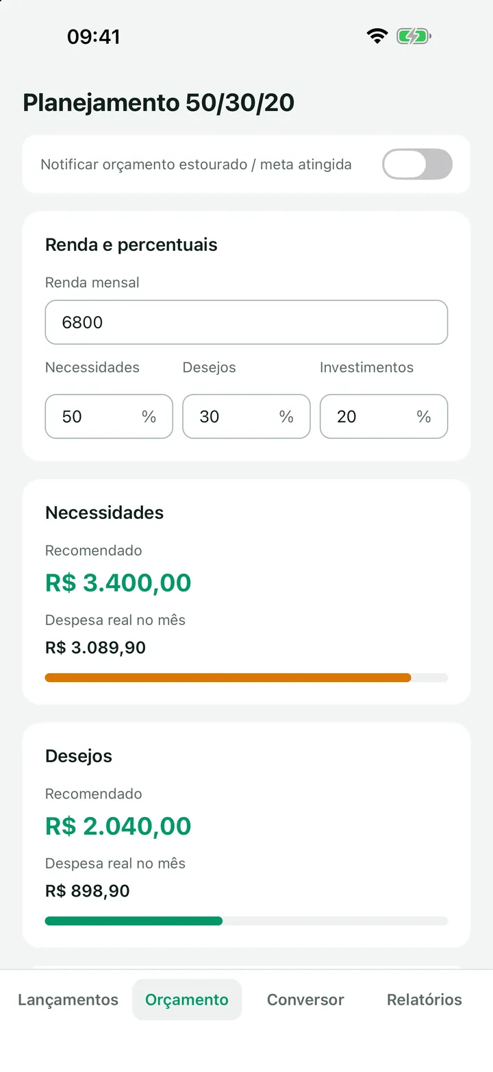 A aba Orçamento do Organizador de Finanças: o planejamento 50/30/20, com a renda, os percentuais e o gasto real do mês